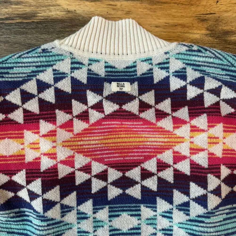 Billabong Girls L 12/14 Southwestern Aztec Geometric Knit Open Front Cardigan